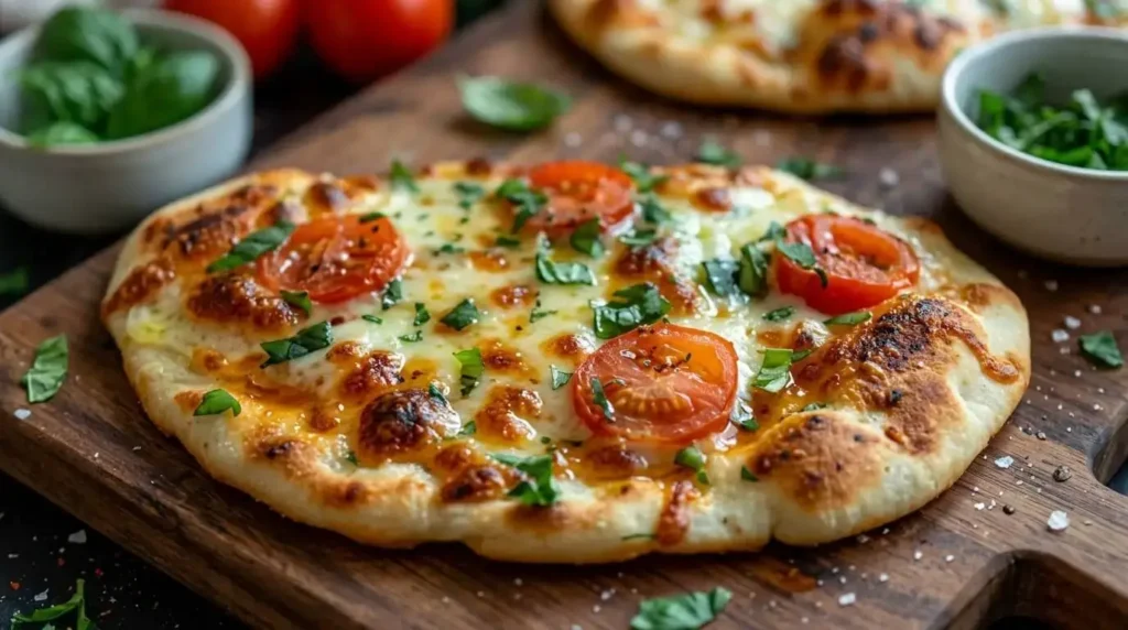 Close-up of a baked Caprese naan pizza with blistered mozzarella, roasted cherry tomatoes, and fresh basil.