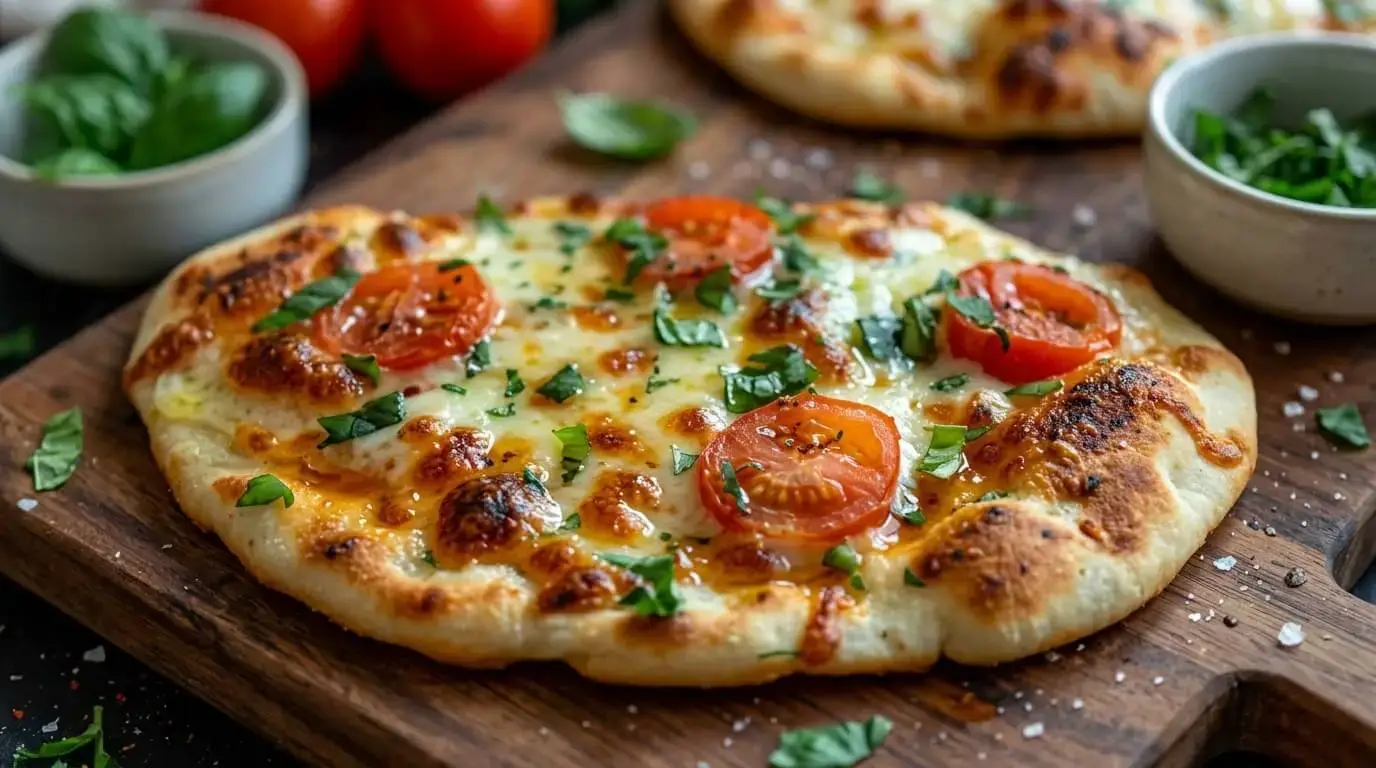 Close-up of a baked Caprese naan pizza with blistered mozzarella, roasted cherry tomatoes, and fresh basil.