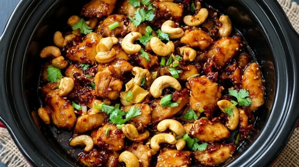 Finished healthy slow cooker cashew chicken with a glossy dark sauce, whole roasted cashews, and cilantro garnish in a crockpot.