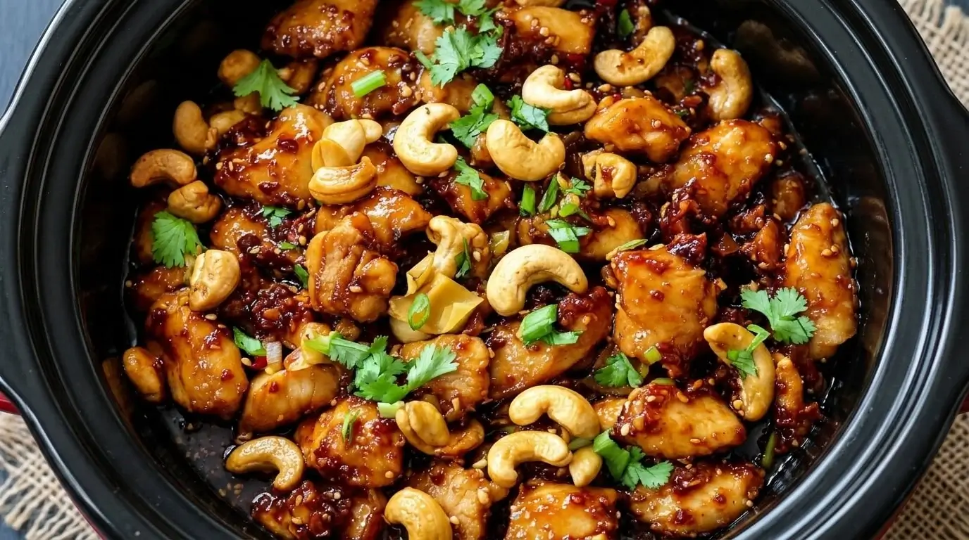 Finished healthy slow cooker cashew chicken with a glossy dark sauce, whole roasted cashews, and cilantro garnish in a crockpot.
