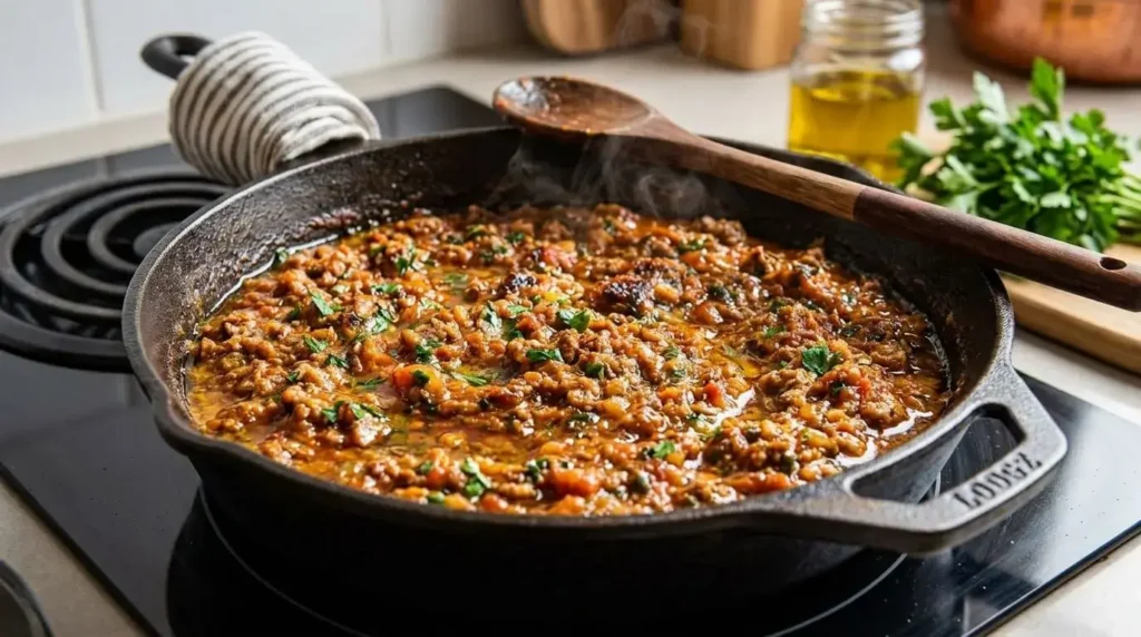 Savory meat and tomato filling for stuffed zucchini rounds.
