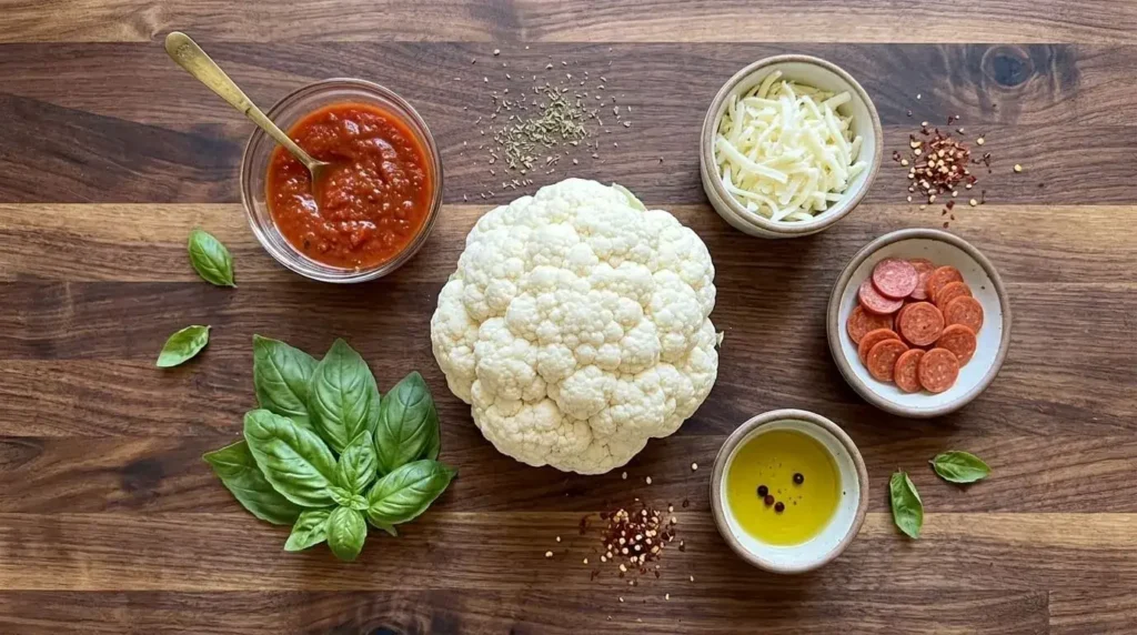 Top-down view of fresh ingredients for low carb cauliflower pizza steaks on a wooden counter including cauliflower, marinara sauce, mozzarella cheese, olive oil, and fresh basil.
