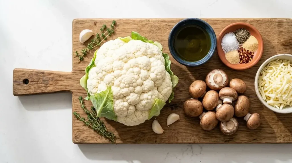 Raw ingredients for making cheesy cauliflower mushroom steaks including cauliflower, cremini mushrooms, mozzarella cheese, and extra virgin olive oil on a wooden board.