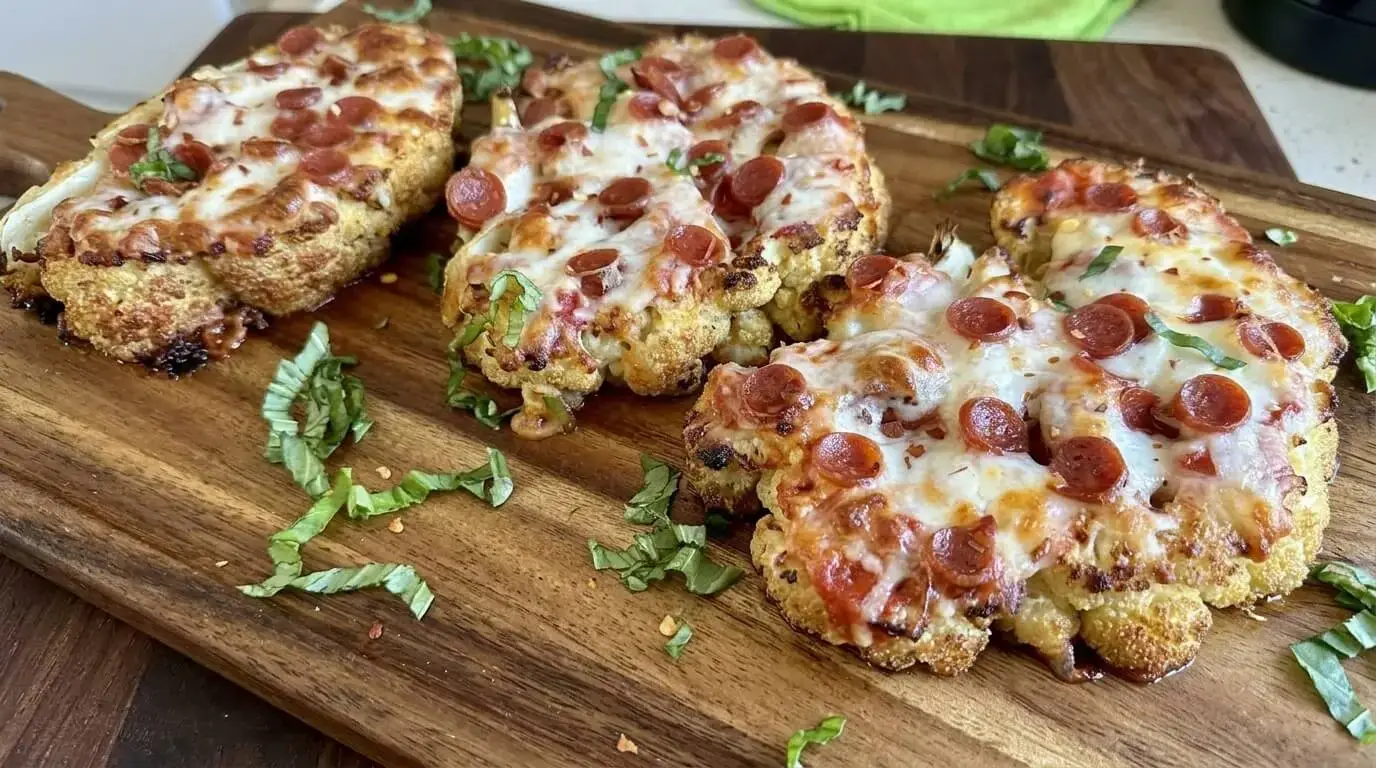 Golden, crispy cauliflower pizza steaks topped with melted mozzarella cheese, crispy mini pepperoni, and fresh basil leaves on a wooden serving board.