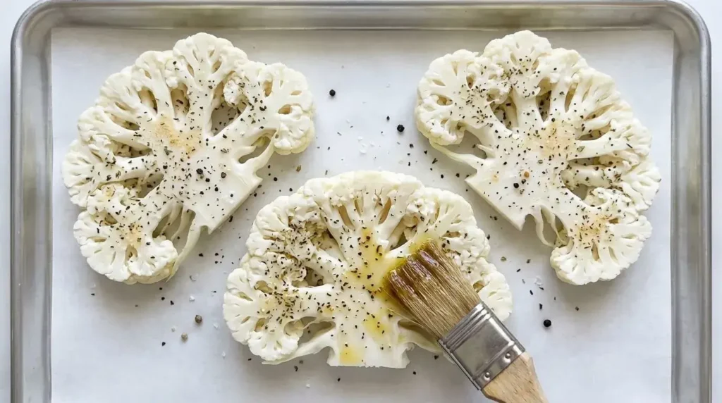 Raw cauliflower slabs arranged on a lined baking sheet being brushed with herb-infused olive oil before roasting.
