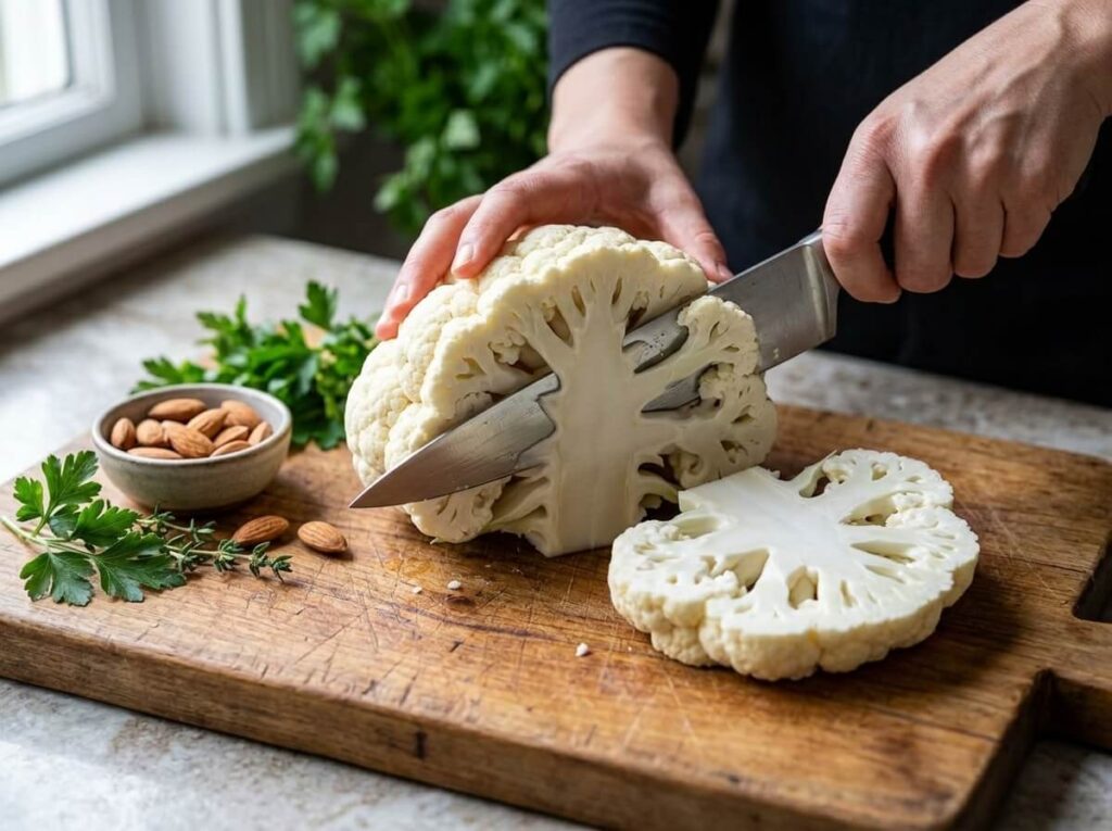 slicing a head of cauliflower into thick steaks for roasting