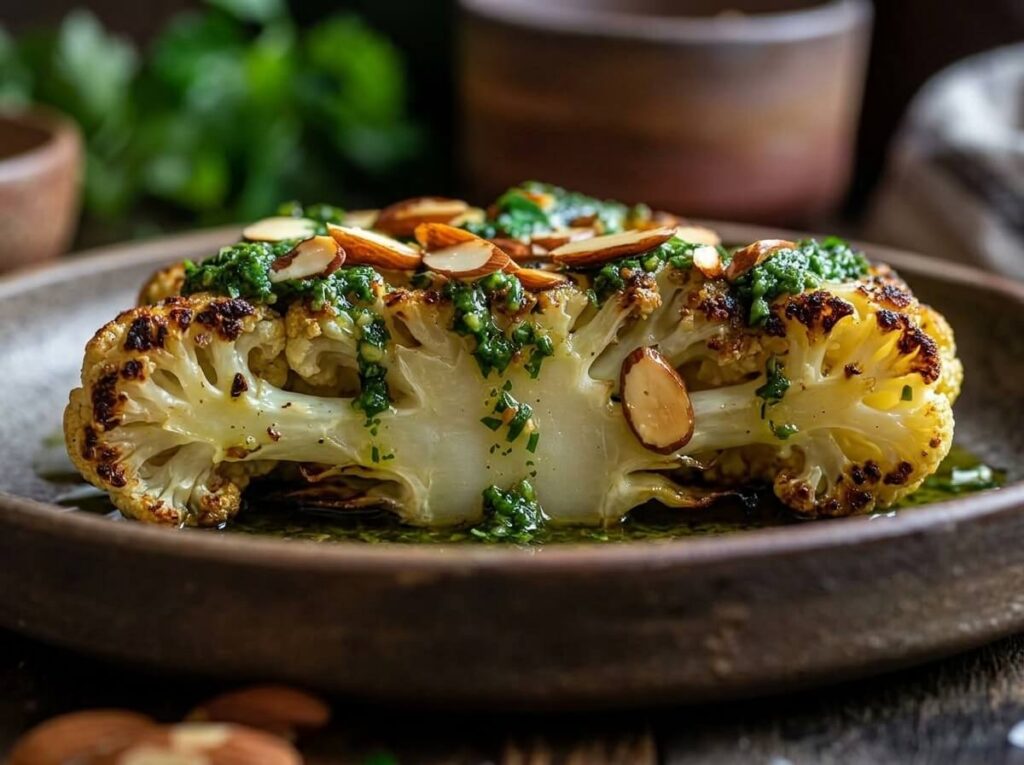 crispy cauliflower steak with herb sauce and toasted almonds