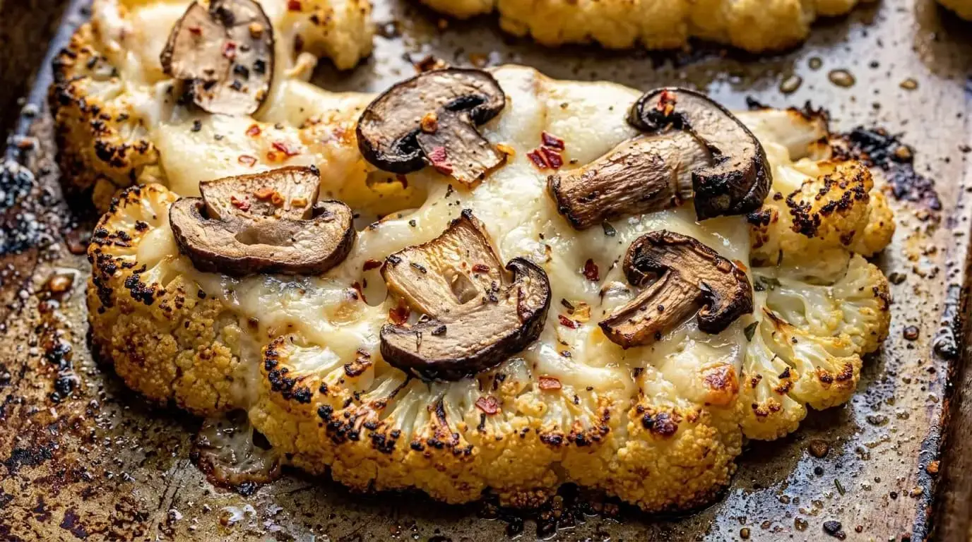 A close-up of a roasted cheesy cauliflower steak topped with melted bubbling mozzarella, sautéed mushrooms, and red pepper flakes.