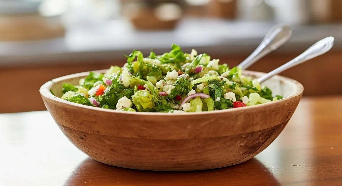 Fresh Greek Chopped Feta Salad in a white bowl on a wooden table.