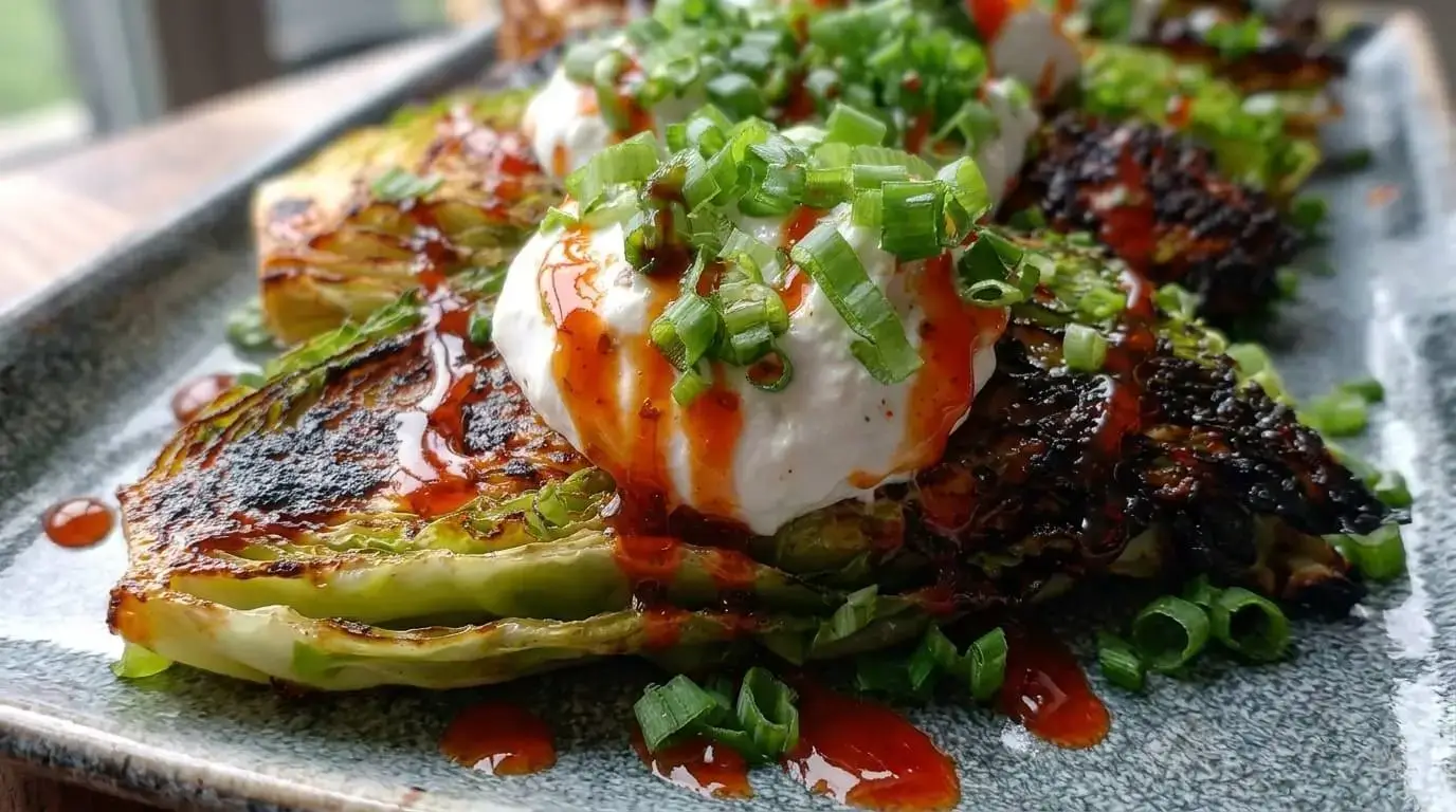 Macro shot of charred cabbage wedge topped with creamy whipped feta, green scallions, and red hot honey glaze.