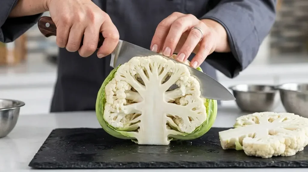 A close-up of cutting raw cauliflower into thick steaks through the central core on a cutting board.