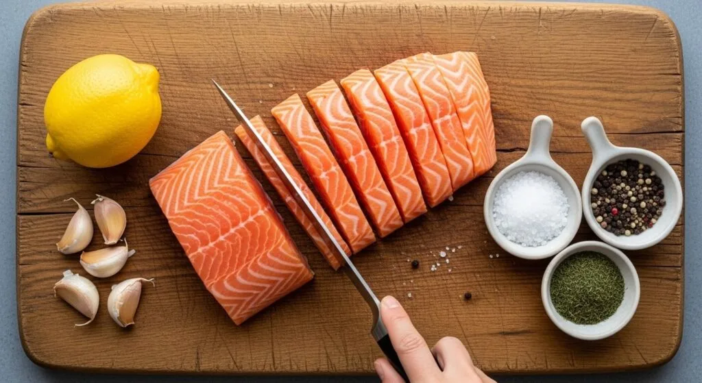Fresh salmon fillets being sliced into strips on a cutting board.