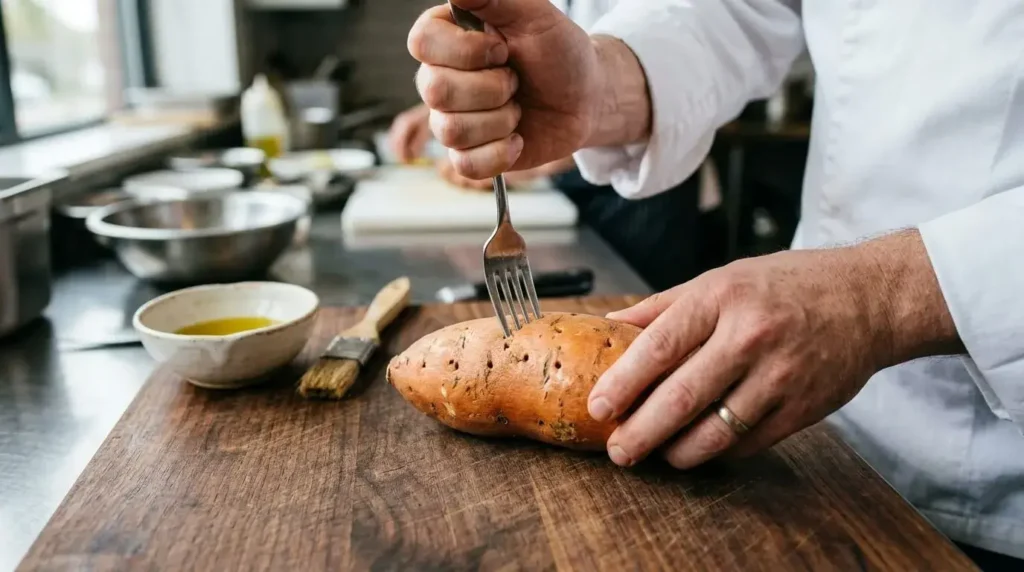 Close-up of hands piercing a raw sweet potato with a fork on a wooden cutting board before baking.