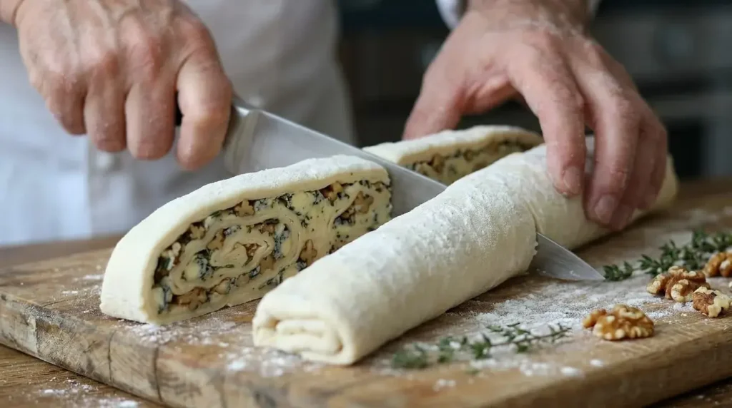 Slicing a rolled puff pastry log filled with blue cheese and walnuts lengthwise.