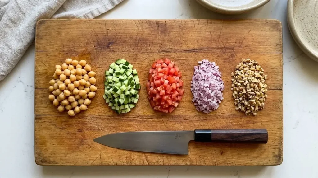 Finely diced cucumbers, tomatoes, onions, and walnuts chopped to match chickpea size on a wooden cutting board.