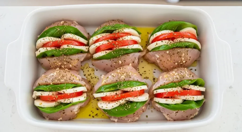 Four raw caprese stuffed chicken breasts brushed with garlic herb olive oil in a white baking dish.