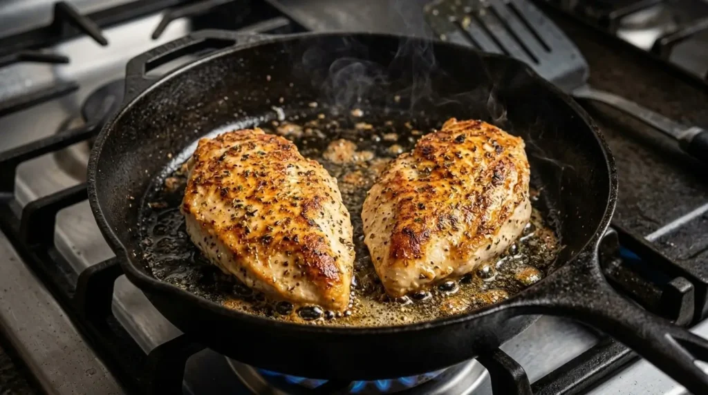 golden-seared chicken breasts cooking in a cast iron skillet