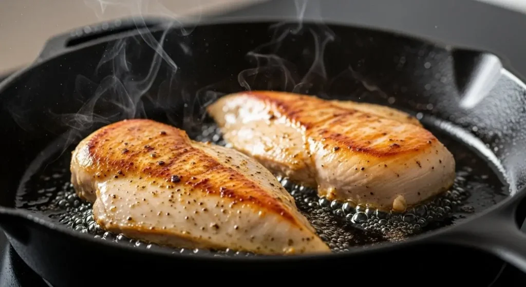 Searing seasoned chicken breasts in a hot cast-iron skillet with extra virgin olive oil to lock in juices.