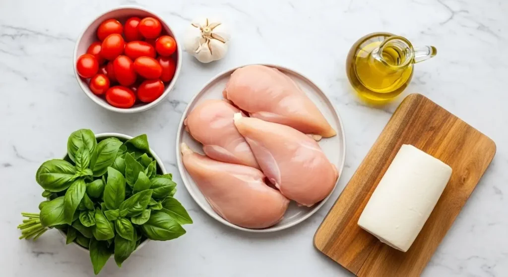 Raw ingredients for baked chicken caprese recipe including chicken breasts, fresh mozzarella, cherry tomatoes, basil, and olive oil arranged on a marble counter.