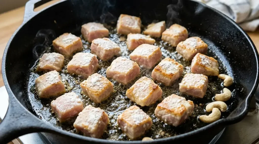 Searing cornstarch-coated chicken pieces in extra virgin olive oil within a cast-iron skillet.