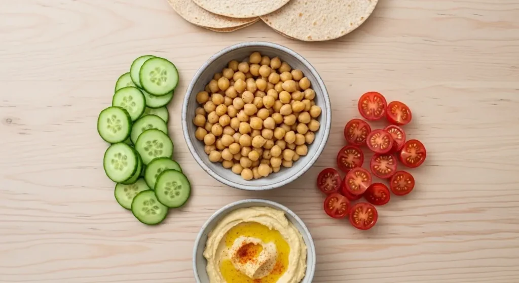 Ingredients for healthy chickpea wrap including vegetables and chickpeas.