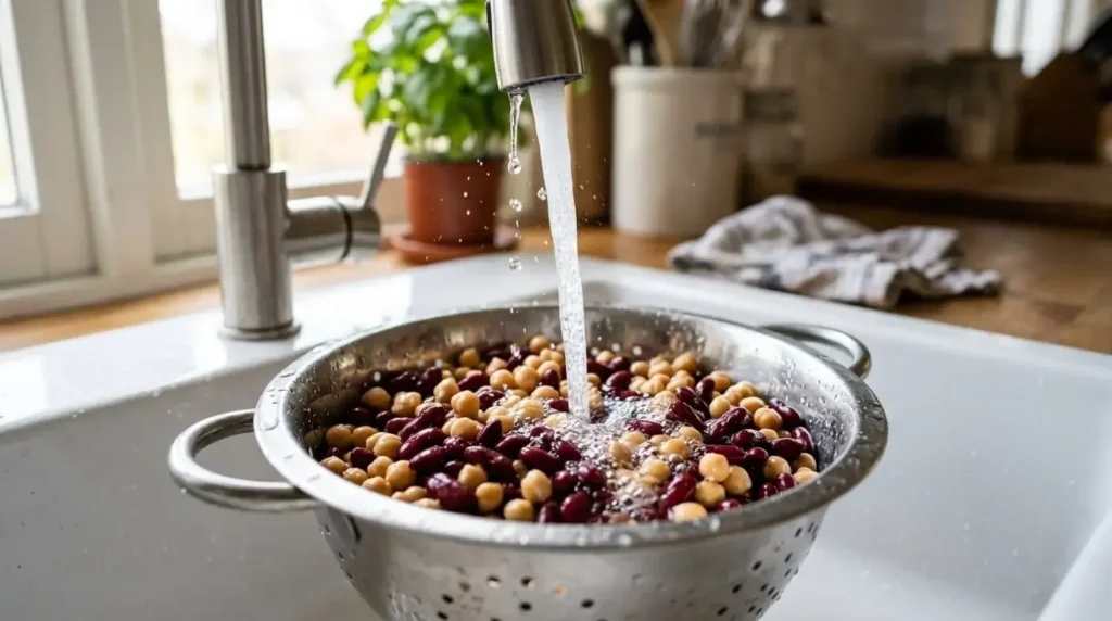 Close-up of rinsing canned chickpeas and red kidney beans under cold running water in a metal colander.