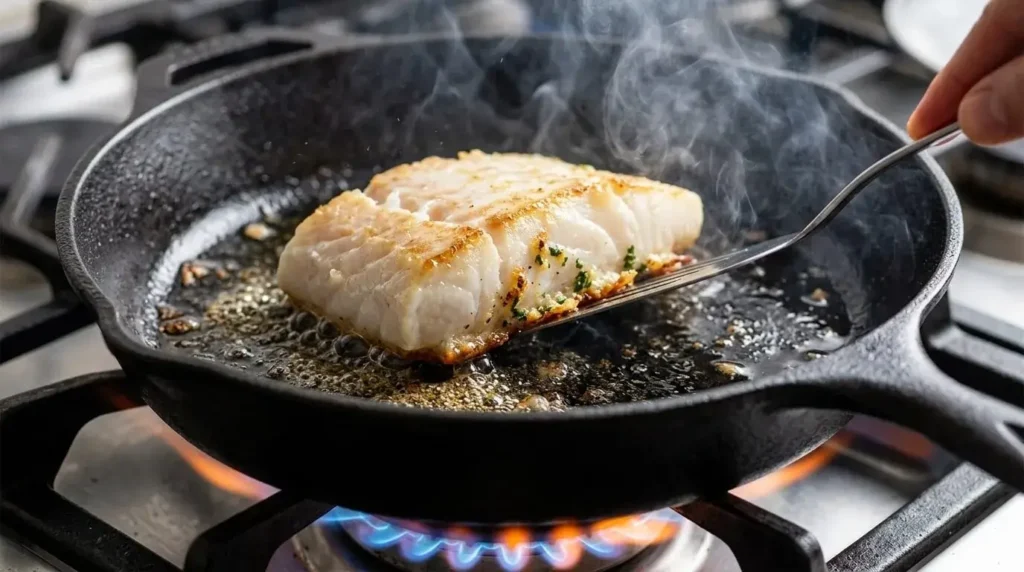 A seasoned cod fillet searing in a hot skillet with a light golden crust forming on the edges.