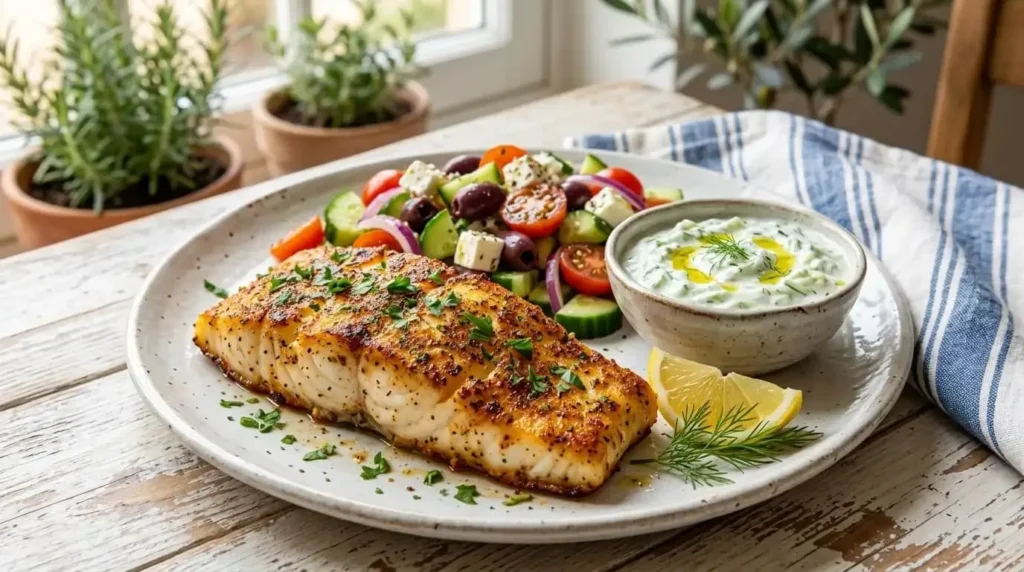 Healthy Mediterranean air fryer fish recipe served with Greek salad.
