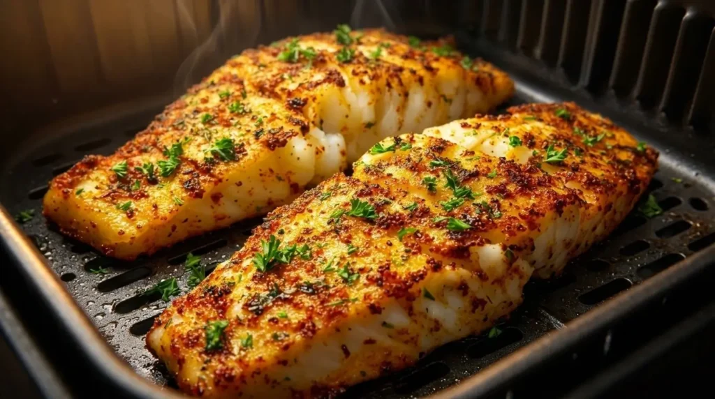 Crispy lemon herb air fryer cod fillets in an air fryer basket.