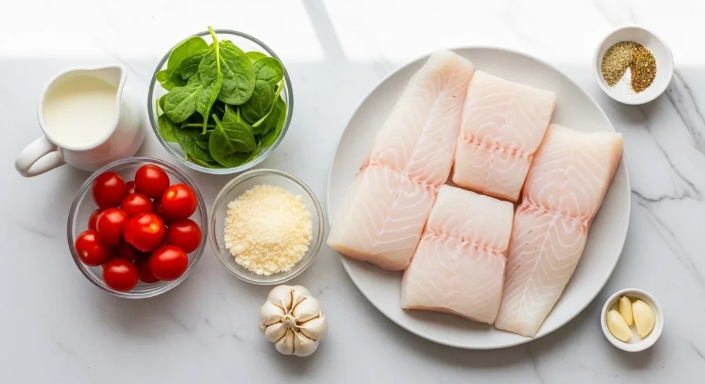 Overhead view of raw ingredients for a healthy baked tuscan cod recipe, including fresh white fish fillets, cherry tomatoes, baby spinach, and heavy cream on a white counter.