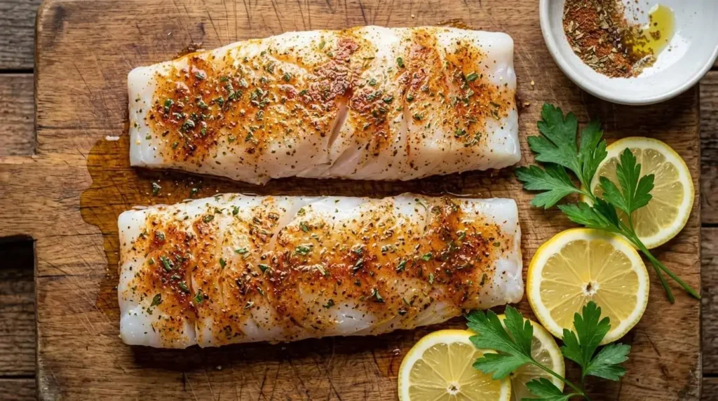 Raw cod fillets seasoned with Mediterranean lemon herb rub on a wooden board.