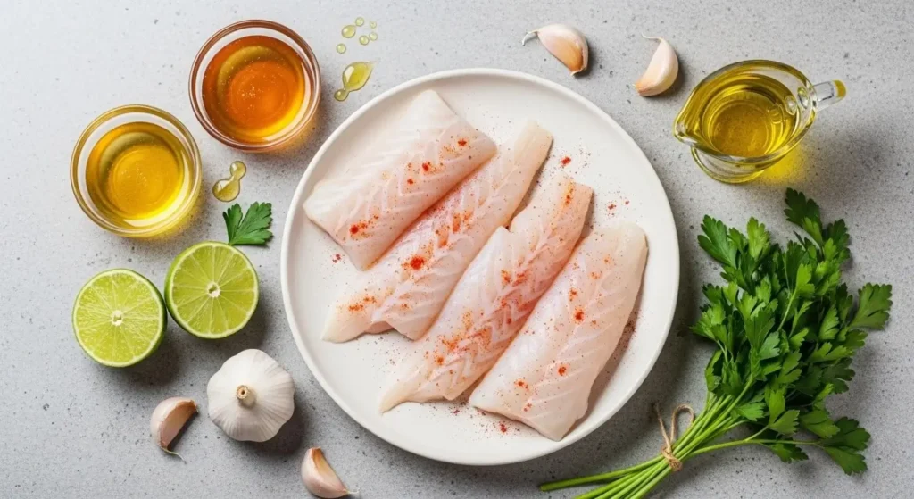 Raw ingredients for honey lime glazed Mediterranean fish recipe including cod fillets, fresh limes, honey, and olive oil on stone background.