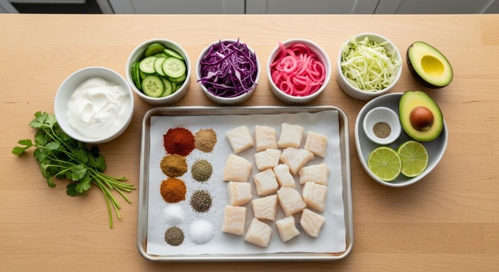 Raw Ingredients for Healthy Sheet Pan Fish Tacos