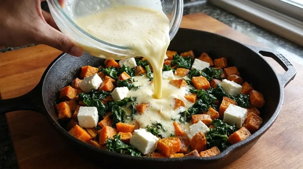 Whipped egg mixture being poured over roasted sweet potatoes kale and feta chunks in a skillet.