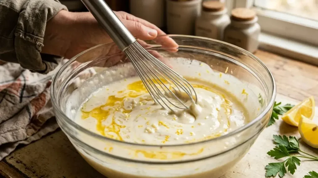 A wire whisk blending rich coconut milk, minced garlic, and fresh lemon juice inside a glass bowl.