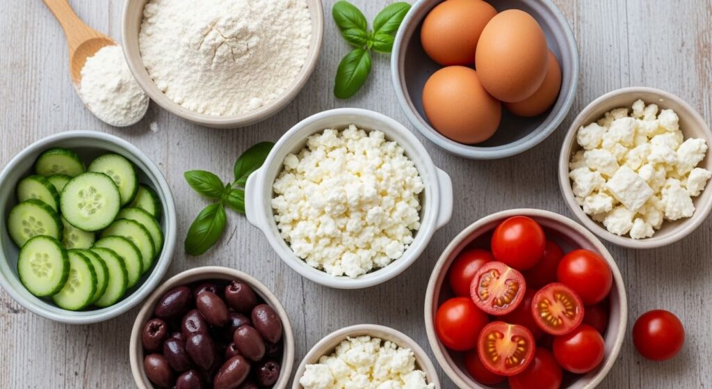 Ingredients for Mediterranean cottage cheese bagels including fresh veggies and feta.