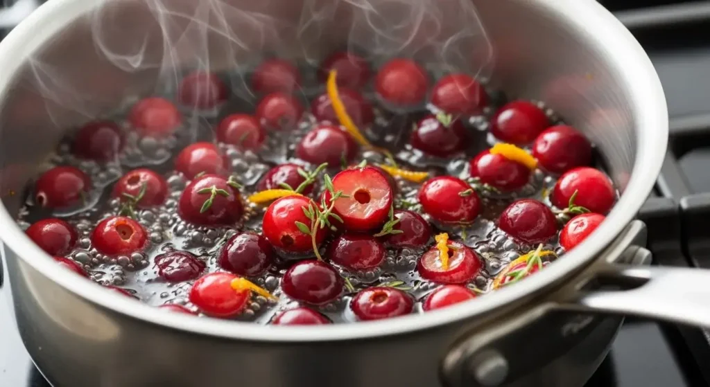 Fresh cranberries simmering with honey and orange zest in a metal saucepan to create a thick dip topping.