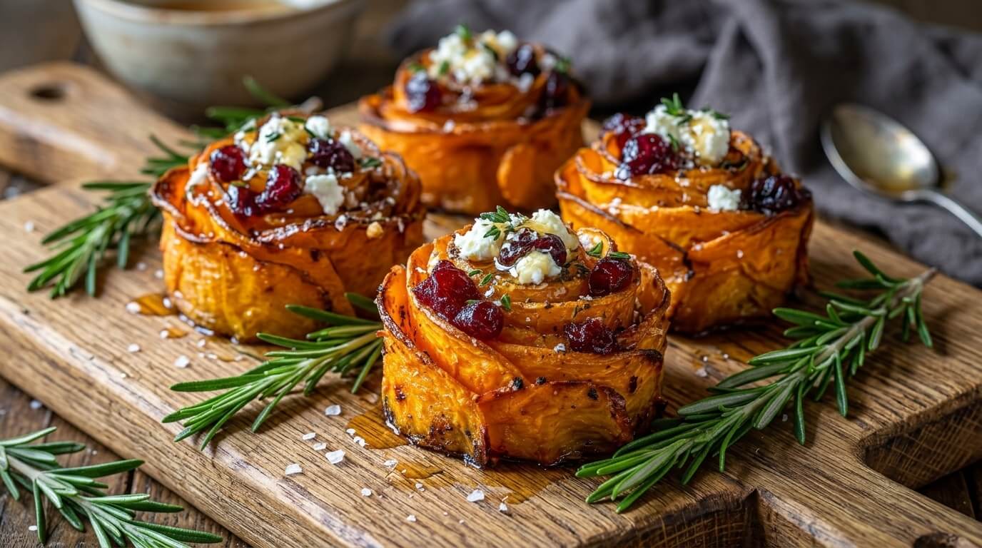 Mediterranean-style sweet potato roses with cranberries and goat cheese on a wooden platter.