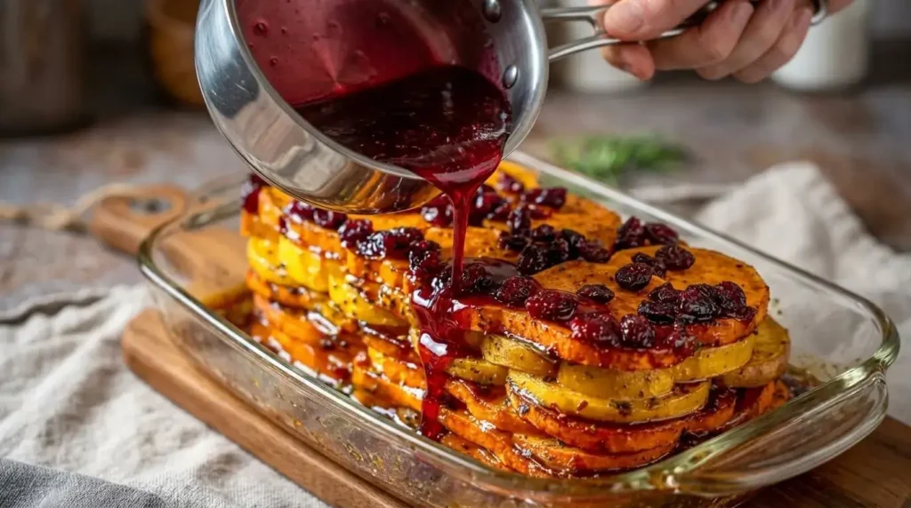 Pouring cranberry honey drizzle over a roasted vegetable casserole.