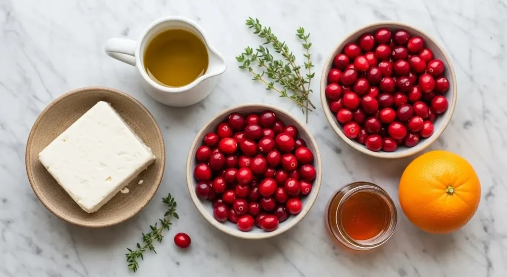 Flat-lay ingredient spread for a cranberry whipped feta dip recipe including fresh berries, block feta, olive oil, honey, and thyme on a marble surface.