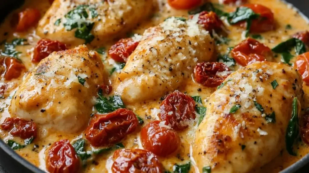 creamy tuscan chicken skillet with jammy tomatoes and spinach