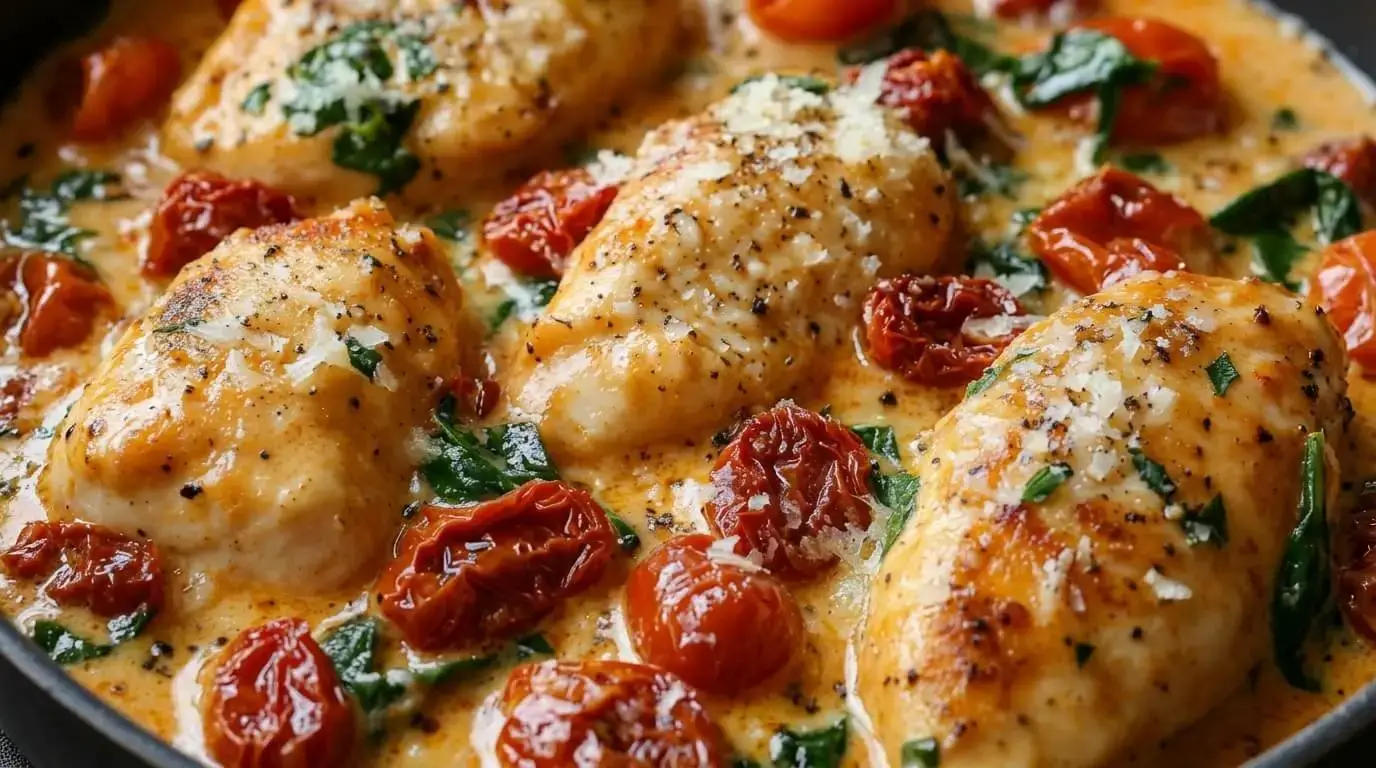 creamy tuscan chicken skillet with jammy tomatoes and spinach