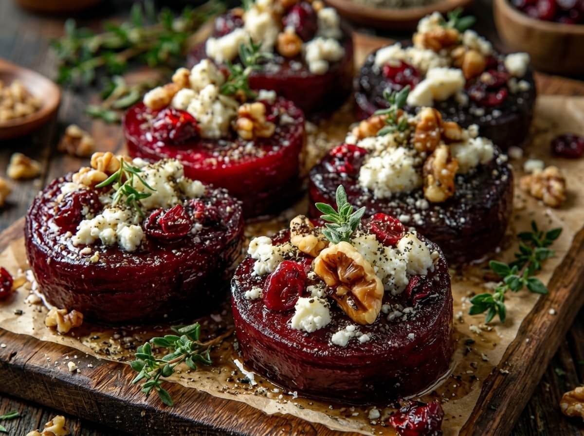Roasted Beet Rounds with Honey and Cranberries appetizer on a wooden board.