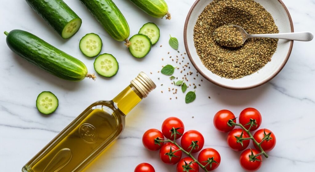 Fresh ingredients for a Mediterranean cucumber tomato salad.