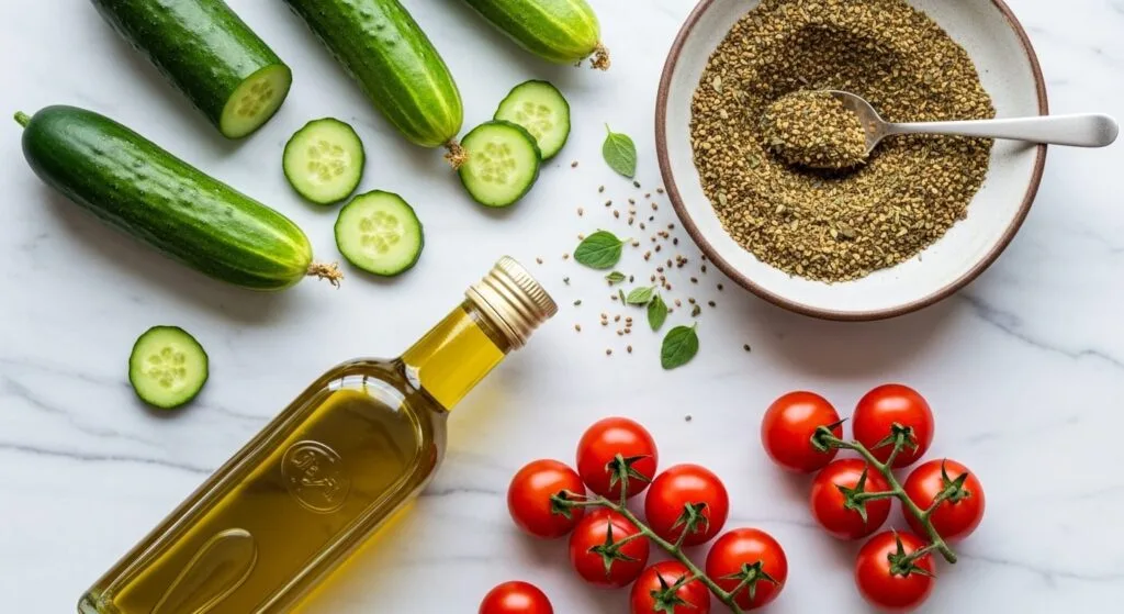 Fresh ingredients for a Mediterranean cucumber tomato salad.