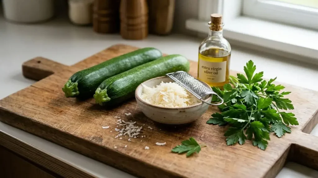 Ingredients for Parmesan crusted zucchini: fresh zucchini, Parmesan, and olive oil.