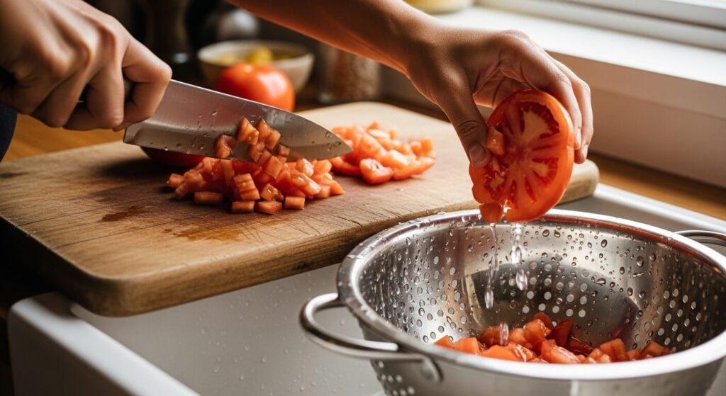 Dicing and draining Roma tomatoes for a healthy bruschetta recipe.
