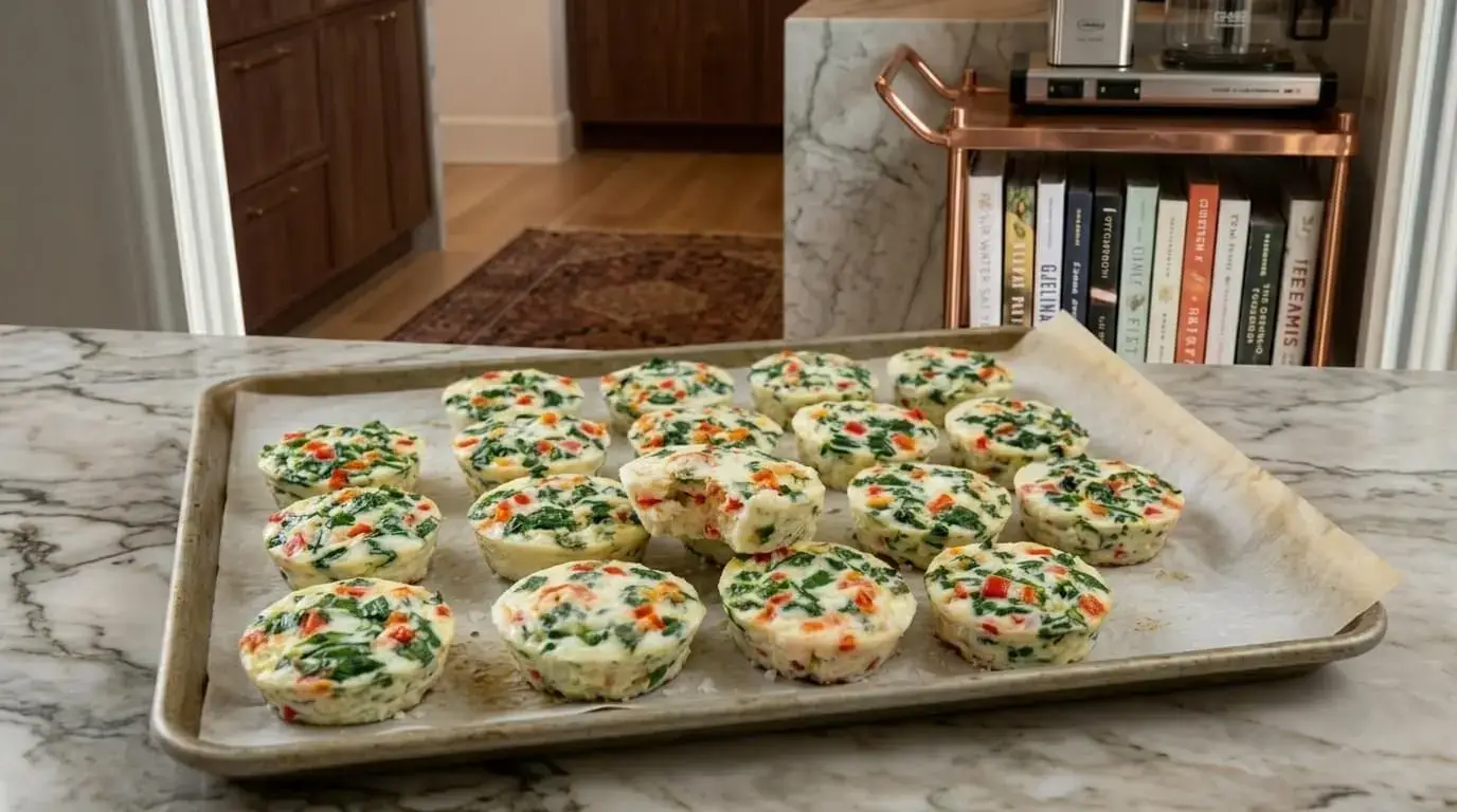 A batch of homemade copycat Starbucks egg white bites with spinach and red peppers on a baking sheet.
