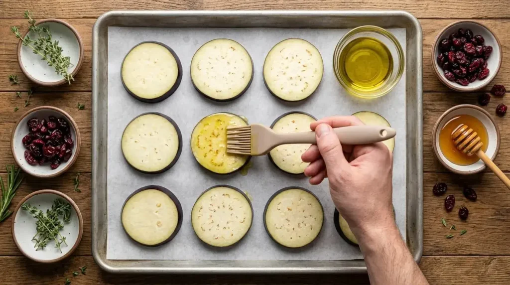 Raw eggplant rounds being brushed with olive oil on a baking sheet.