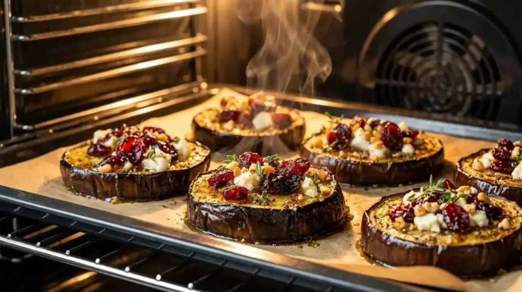 Golden brown roasted eggplant rounds in the oven.